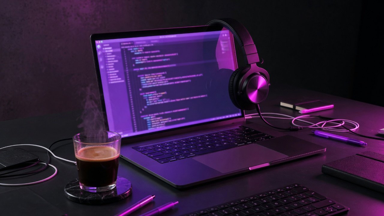 Creative web development workspace with purple studio lighting